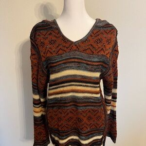 Wrangler Striped V-Neck Sweater in Rust, Cream, Gray, and Brown